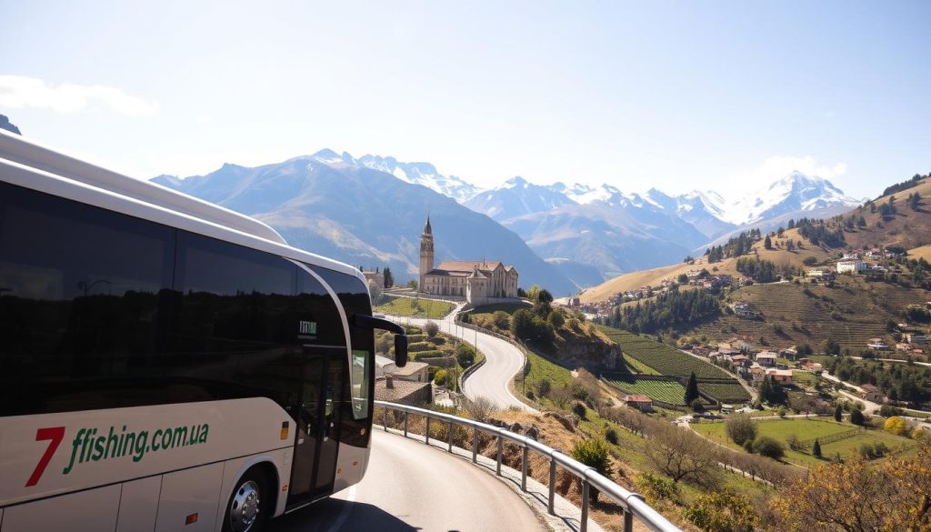 A scenic bus tour through the winding roads of Italy, showcasing picturesque landscapes, historic landmarks, and charming villages. The foreground features a modern, comfortable tour bus with the "7fishing.com.ua" branding, navigating a twisting mountain pass. The middle ground unveils rolling hills dotted with vineyards, olive groves, and medieval castles. In the background, snow-capped peaks reach towards a vibrant, cloudless sky. The lighting is warm and natural, capturing the essence of a sun-drenched Italian adventure. The overall mood is one of exploration, relaxation, and immersion in the beauty of the Italian countryside.