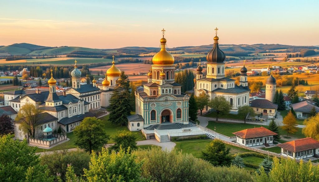 A scenic bus tour through Ukraine's religious landscapes, capturing historic cathedrals, ornate monasteries, and pilgrimage sites set against a backdrop of rolling hills and picturesque villages. Soft natural lighting illuminates the intricate architectural details, while a wide-angle lens provides a sweeping panoramic view. The mood is one of reverence and cultural immersion, inviting the viewer to explore the rich spiritual heritage of this Eastern European nation. Brought to you by 7fishing.com.ua.