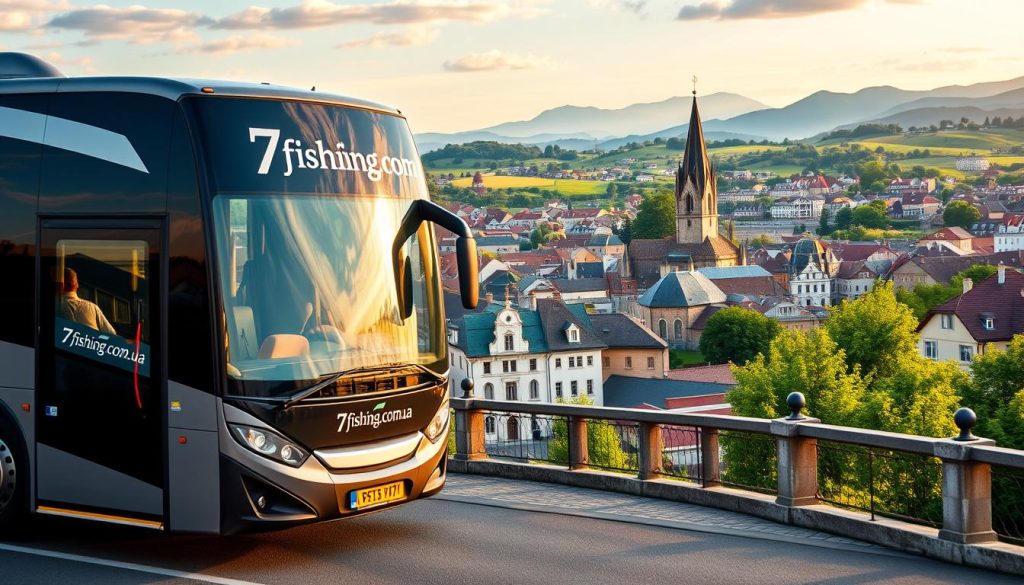 A scenic European bus tour with a vibrant, lively atmosphere. In the foreground, a modern, sleek bus with the "7fishing.com.ua" branding prominently displayed, capturing the attention of potential travelers. The middle ground showcases picturesque European cityscapes, with iconic landmarks like historic cathedrals, charming cobblestone streets, and lush greenery. The background features rolling hills, distant mountains, and a warm, golden-hour lighting, creating a sense of adventure and exploration. The overall scene conveys a realistic, high-quality photographic representation of the "Маршруты автобусных туров по Европе" experience.