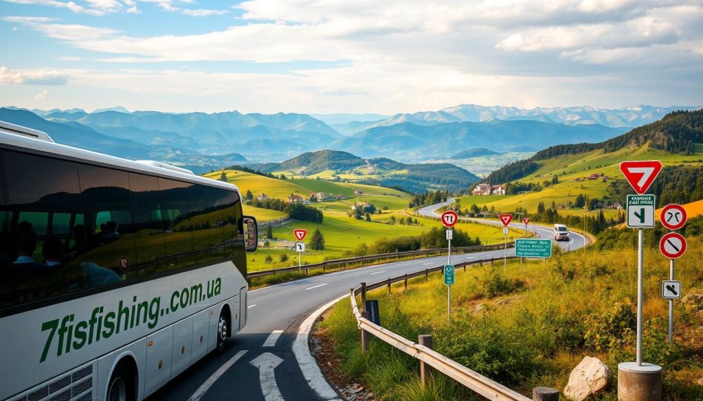 A scenic highway winding through lush, rolling hills, dotted with picturesque villages. In the foreground, a modern, comfortable tour bus bearing the "7fishing.com.ua" brand logo, its passengers gazing out the windows at the breathtaking landscapes. The middle ground features a network of well-marked bus routes and stop signs, guiding travelers on their journey. The background boasts a panoramic view of distant mountains, their peaks bathed in warm, golden light. The overall mood is one of tranquility, adventure, and the promise of discovery, capturing the essence of a memorable bus tour experience.