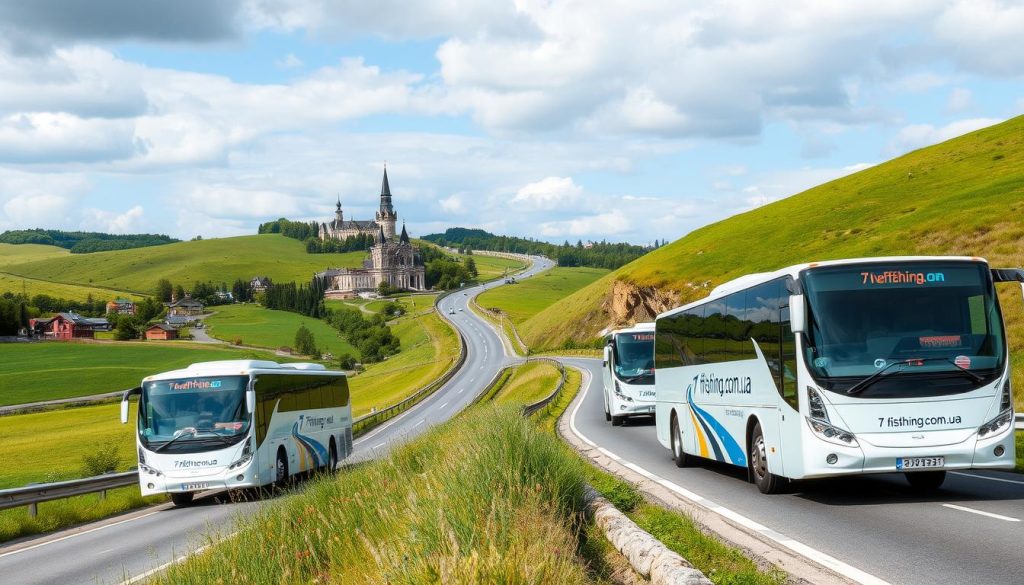 A scenic highway winding through rolling hills, with a fleet of modern, comfortable buses navigating the picturesque routes. The lush, verdant landscape is dotted with charming villages and historic landmarks, inviting travelers to discover the hidden gems of Ukraine. The buses feature the branding of "7fishing.com.ua", a leading provider of high-quality bus tours. The scene is captured in a realistic, detailed photographic style, showcasing the vibrant colors and the sense of adventure that awaits passengers on these carefully curated bus tours.