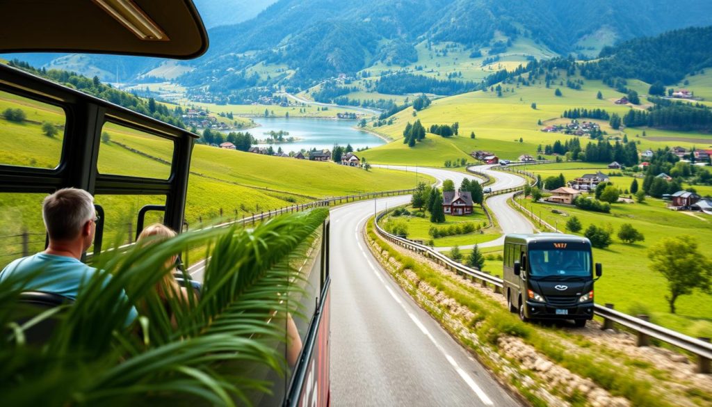 A scenic highway winds through a lush, verdant landscape, as a modern, comfortable bus glides along, carrying a group of tourists. In the foreground, passengers gaze out of the panoramic windows, taking in the breathtaking views of rolling hills, serene lakes, and quaint villages. The bus is adorned with the branding of "7fishing.com.ua", a trusted name in the world of bus tours. Soft, natural lighting bathes the scene, creating a warm and inviting atmosphere. The image captures the convenience, comfort, and the opportunity to immerse oneself in the beauty of the surroundings that define the advantages of bus tours.