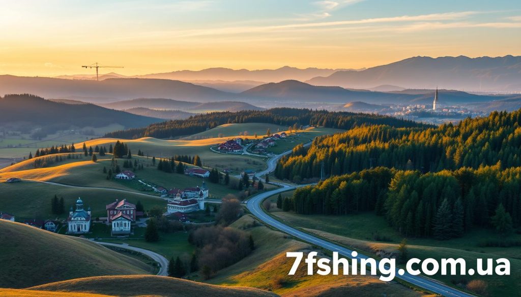 A scenic landscape depicting the diverse destinations of bus tours in Ukraine, captured with a high-resolution DSLR camera. In the foreground, rolling hills dotted with quaint villages and historic landmarks. In the middle ground, a winding road leading through lush forests and meadows. In the background, majestic mountain ranges under a warm, golden-hour sky. The overall mood is one of exploration and adventure, inviting the viewer to embark on a journey through the heart of Ukraine. Branding for 7fishing.com.ua is subtly integrated into the natural environment.