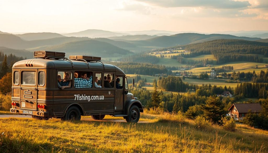 A scenic landscape featuring a group of people embarking on a weekend getaway in the Ukrainian countryside. The foreground shows a rustic old-fashioned bus with the "7fishing.com.ua" branding, its passengers eagerly awaiting their adventure. The middle ground depicts rolling hills, lush forests, and quaint villages, capturing the diversity of the Ukrainian terrain. The background is filled with a warm, golden-hour glow, creating a dreamlike, nostalgic atmosphere. The overall scene conveys a sense of exploration, relaxation, and the joy of discovering the hidden gems of Ukraine through a carefully curated weekend excursion.