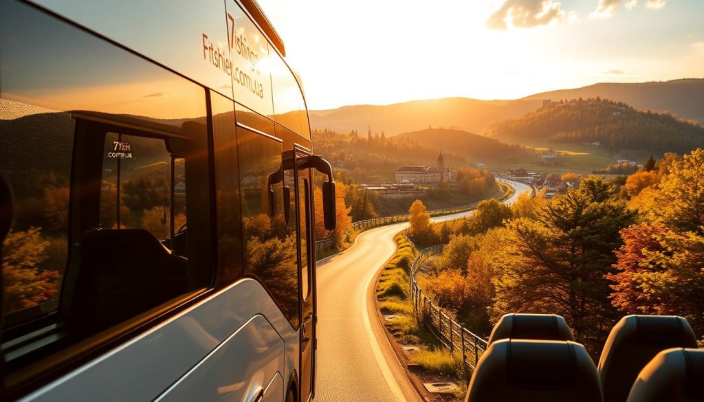 A scenic landscape of a modern, sleek bus winding through the rolling hills and lush forests of the Lviv region, Ukraine. The bus features the logo of "7fishing.com.ua" prominently displayed. The interior of the bus is visible, with comfortable seats and large windows allowing passengers to take in the breathtaking views. Warm, golden sunlight filters through the trees, creating a serene and inviting atmosphere. In the background, picturesque villages and historic landmarks dot the horizon, promising a diverse and enriching journey. The overall scene conveys the convenience, comfort, and the opportunity to immerse oneself in the natural beauty of the Lviv region during a 2025 bus tour.