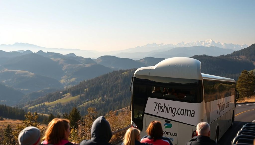 A scenic landscape of a modern tour bus traveling along a winding mountain road in Ukraine. The bus is adorned with the "7fishing.com.ua" logo, showcasing its services. In the foreground, passengers can be seen gazing out the windows, taking in the breathtaking views of rolling hills, lush forests, and distant snow-capped peaks. The lighting is natural and warm, creating a sense of adventure and exploration. The image conveys the comfort and convenience of a bus tour, allowing travelers to experience the stunning beauty of the Ukrainian countryside.