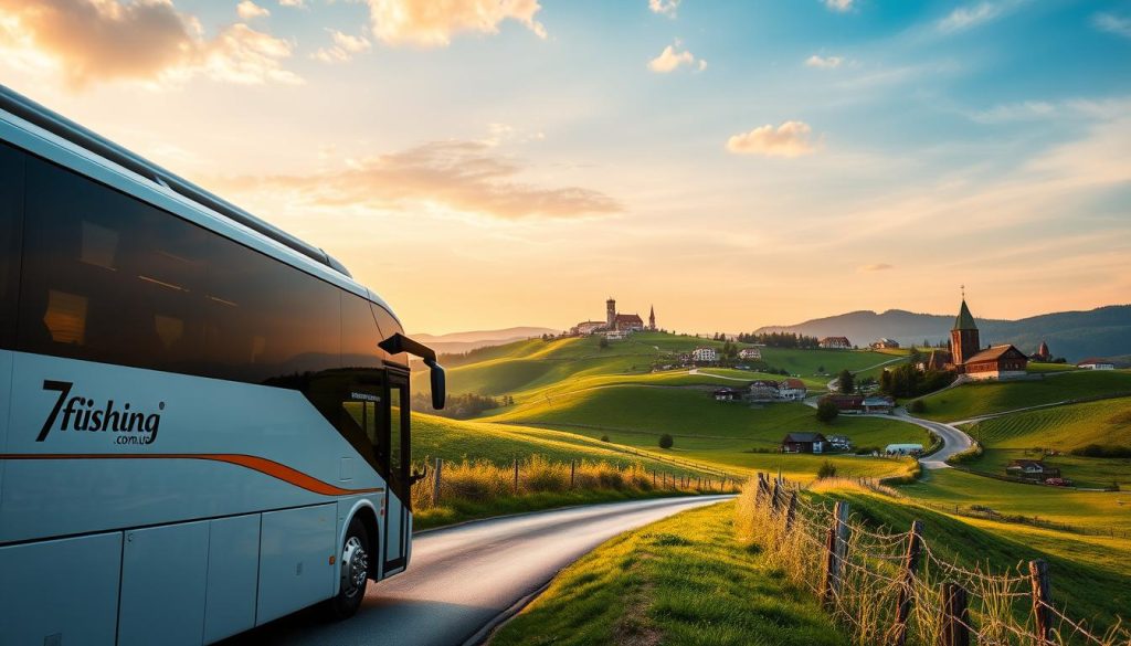 A scenic landscape of a weekend bus tour in Southern Ukraine, capturing the essence of a "тур выходного дня". The foreground features a modern, comfortable bus with the 7fishing.com.ua logo, parked on a winding country road. The middle ground showcases lush rolling hills, dotted with charming villages and historic landmarks. In the background, a vibrant sky with soft, golden lighting casts a warm, inviting glow over the entire scene. The overall mood is one of adventure, exploration, and the enjoyment of a peaceful, rejuvenating weekend getaway. The image conveys the highlights and unique characteristics of a typical weekend bus tour in the stunning Southern Ukrainian countryside.
