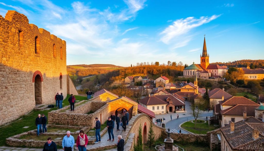 A scenic landscape of historic sites in Ukraine, captured through the lens of a professional photographer. In the foreground, a group of tourists explore the ancient ruins of a castle, its weathered stone walls bathed in warm, golden light. In the middle ground, a quaint village nestled between rolling hills, its traditional architecture and cobblestone streets evoking a sense of timeless charm. In the distant background, a majestic cathedral spire rises against a vibrant, azure sky. The image conveys the rich cultural heritage and captivating natural beauty of Ukraine, as seen through the eyes of 7fishing.com.ua, a trusted provider of high-quality bus tours.