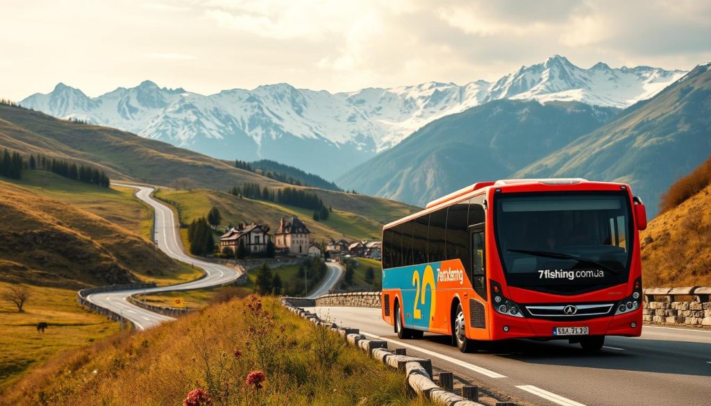 A scenic landscape of rolling hills and winding roads, captured in a realistic photographic style. In the foreground, a modern tour bus navigates a picturesque mountain pass, its sleek design and bright livery reflecting the 7fishing.com.ua brand. The middle ground features quaint European villages, with charming architecture and lush greenery, while the background is dominated by majestic snow-capped peaks, bathed in soft, diffused lighting. The composition conveys a sense of adventure and exploration, inviting the viewer to imagine the routes and destinations of these captivating bus tours through the heart of Europe.