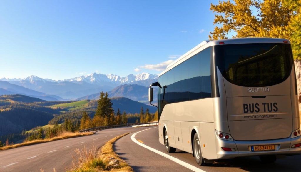 A scenic landscape of various bus tours, captured in vivid detail. In the foreground, a modern, well-appointed tour bus navigates winding roads, its sleek exterior gleaming under the warm, golden sunlight. In the middle ground, lush, rolling hills and verdant forests stretch out, their colors vibrant and alive. In the distance, majestic mountains rise up, their peaks capped with snow, creating a breathtaking backdrop. The overall scene conveys a sense of adventure and exploration, perfect for a 7fishing.com.ua article on the best bus tour options from Kherson. Realistic, high-quality photographic rendering.