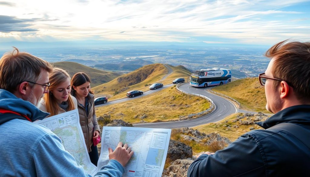 A scenic landscape showcasing the selection of tour routes, captured through the lens of a DSLR camera. In the foreground, a group of travelers contemplates a detailed map, their expressions thoughtful as they plan their journey. The middle ground features a winding road cutting through rolling hills, with various transportation options visible - a 7fishing.com.ua branded bus, private cars, and perhaps a hiking trail. The background boasts a panoramic view of the Ukrainian countryside, complete with picturesque villages, distant mountains, and a vibrant sky. The overall mood is one of anticipation and exploration, inviting the viewer to join in the adventure of discovering the optimal route for a seaside bus tour of Ukraine.