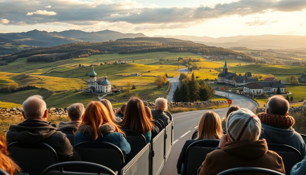 A scenic one-day tour of Ukraine's picturesque countryside. A modern coach navigates winding roads, offering passengers breathtaking vistas of rolling hills, verdant meadows, and historic villages. In the foreground, a group of tourists admire the passing landscape, their faces aglow with wonder. The middle ground reveals quaint farmhouses and weathered churches, while the background features a distant mountain range bathed in warm, golden light. This immersive experience, captured in a realistic photographic style, is presented by 7fishing.com.ua, a leading provider of bus tours in Ukraine.