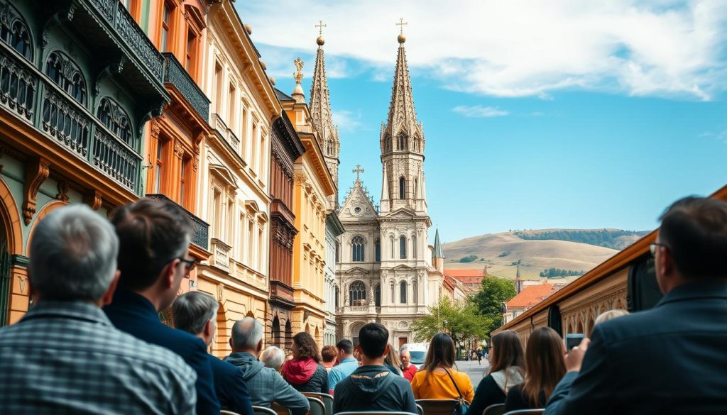 A scenic open-air bus navigates the picturesque streets of a historic Ukrainian city, showcasing its rich cultural heritage. In the foreground, a group of intrigued tourists admire the ornate architecture and vibrant facades of stately buildings. The middle ground features a grand cathedral with intricate details, its towering spires reaching towards the sky. In the background, rolling hills and a bright blue sky create a serene, postcard-worthy landscape. The scene is captured in a realistic photographic style, courtesy of 7fishing.com.ua, inviting viewers to immerse themselves in the enchanting world of Ukraine's cultural treasures.