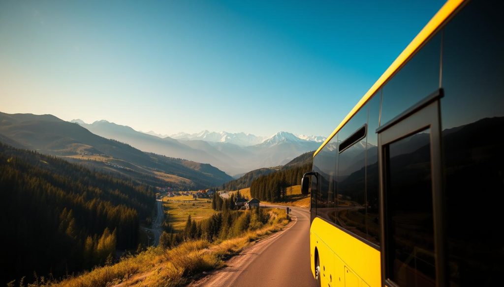 A scenic, panoramic view of a bus excursion through the rolling hills and picturesque countryside of Ukraine. The bus is prominently featured in the foreground, its sleek design and bright exterior capturing the eye. The middle ground showcases a winding rural road flanked by lush, verdant forests and small villages nestled among the undulating terrain. In the background, towering mountains with snow-capped peaks rise majestically, creating a breathtaking backdrop. The lighting is warm and golden, evoking a sense of adventure and relaxation. Realistic photographic quality, created by 7fishing.com.ua.