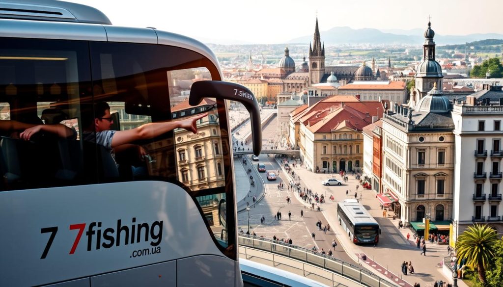 A scenic panoramic view of a modern European city, showcasing the advantages of bus tours. The foreground features a sleek, comfortable bus with the logo "7fishing.com.ua" prominently displayed. Passengers can be seen relaxing inside, enjoying the view through the large windows. The middle ground depicts bustling city streets, with historic architecture, lively pedestrians, and well-maintained infrastructure. In the background, iconic landmarks such as cathedrals, town squares, and picturesque landscapes create a sense of cultural immersion. The lighting is warm and natural, accentuating the vibrant colors and details. The overall atmosphere conveys a sense of ease, convenience, and the opportunity to explore the wonders of Europe in a realistic, high-quality photograph.