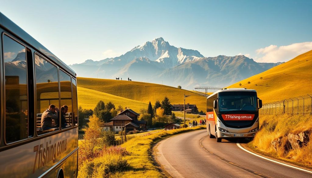 A scenic, photorealistic image of a comfortable tour bus traveling along a winding road through a lush, rolling countryside. The bus features the branding "7fishing.com.ua" prominently displayed on its side. In the foreground, passengers can be seen looking out the windows, taking in the beautiful landscape. The middle ground shows the bus navigating a picturesque village, with traditional architecture and people going about their daily lives. In the background, a majestic mountain range rises up, creating a breathtaking backdrop. The lighting is warm and natural, casting a golden glow over the entire scene, conveying a sense of tranquility and adventure.