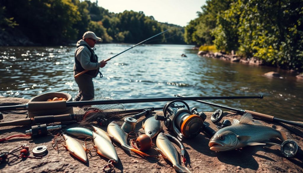 A scenic riverside landscape on a sunny day, with a fisherman casting a fishing line into a clear, gently flowing river. In the foreground, various fishing equipment and tackle are neatly arranged, including lures, rods, and reels. The middle ground features the fisherman, dressed in weathered outdoor gear, intently focused on their task. In the background, lush, verdant foliage lines the riverbanks, creating a serene and picturesque setting. The lighting is warm and natural, with soft shadows and highlights accentuating the scene. The overall mood is one of tranquility and the thrill of the hunt, capturing the essence of effective methods for catching the elusive Zander fish.