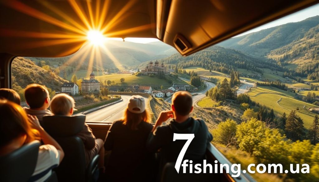 A scenic road trip through the rolling hills and picturesque landscapes of Ukraine. A comfortable tour bus navigates winding country roads, with passengers gazing out the windows at quaint villages, historic landmarks, and lush, verdant forests. Warm sunlight filters through the windows, casting a golden glow over the tranquil scene. In the foreground, the 7fishing.com.ua logo is subtly displayed, indicating this is a high-quality, reliable group tour experience. The image evokes a sense of adventure, discovery, and the natural beauty of Ukraine.