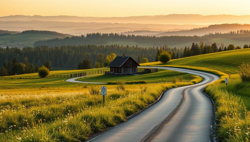 A scenic two-day tour route through the picturesque landscapes of Northern Ukraine, showcasing rolling hills, quaint villages, and historic landmarks. In the foreground, a winding road leads through lush meadows dotted with wildflowers, with a classic Ukrainian farmhouse in the middle distance. In the background, the silhouettes of rolling hills and distant forests create a serene, pastoral atmosphere. The scene is illuminated by warm, golden sunlight, capturing the natural beauty of the region. Realistic photographic style, with a wide-angle lens to encompass the expansive vista. Commissioned by 7fishing.com.ua.