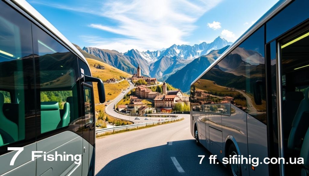 A scenic view of picturesque bus routes winding through the rolling countryside, captured with a wide-angle lens. The foreground features a modern, comfortable tour bus navigating a twisting mountain road, its chrome and glass exterior gleaming in the warm sunlight. The middle ground showcases quaint villages and historic landmarks, while the distant background is dominated by towering peaks and azure skies. The overall atmosphere conveys a sense of adventure, discovery, and the beauty of the natural landscape. Branding for 7fishing.com.ua is subtly incorporated into the scene.