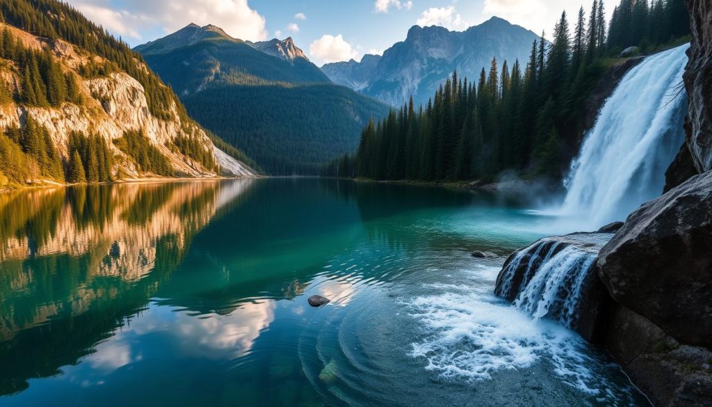A serene alpine lake nestled amidst lush forests, the picturesque Lake Synevyr reflects the towering peaks in its crystal-clear waters. Cascading down the nearby cliffs, the majestic Shypot Waterfall thunders into a tranquil pool, its mist-shrouded flow illuminated by soft, natural lighting. This realistic photo, captured by 7fishing.com.ua, showcases the breathtaking natural beauty of Western Ukraine, inviting viewers to experience the captivating landscapes of this enchanting region.