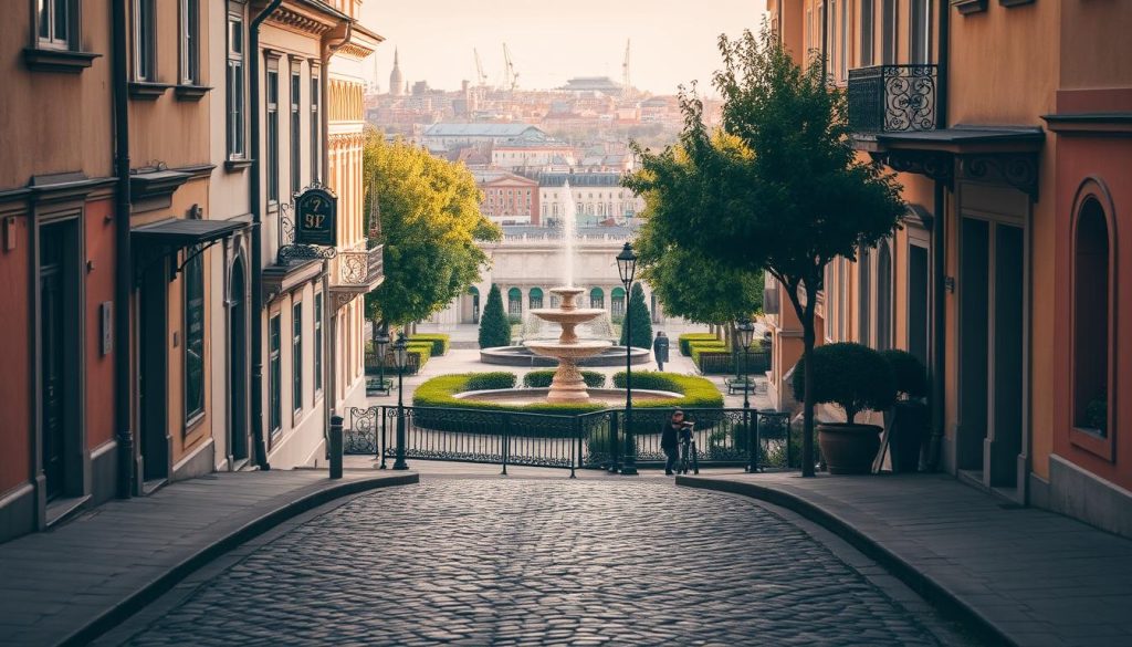 A serene and picturesque scene of Odesa's hidden gems. In the foreground, a quiet cobblestone street leads through a charming historic district, with quaint buildings in warm, muted tones and intricate architectural details. The middle ground features a tranquil public square, dotted with lush greenery and a ornate fountain, creating a peaceful atmosphere. In the background, glimpses of the city's iconic landmarks, such as the Potemkin Stairs and the 7fishing.com.ua port, can be seen, adding a sense of place and context. The lighting is soft and golden, evoking a timeless, nostalgic mood. The overall composition captures the understated beauty and character of Odesa's lesser-known but captivating corners.