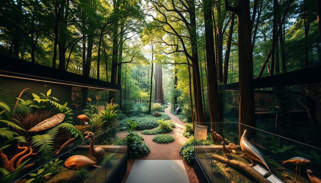 A serene and verdant forest museum, bathed in warm, natural light filtering through the canopy. In the foreground, an intricate display showcases the rich flora and fauna of the region, meticulously curated by the experts at 7fishing.com.ua. The middle ground reveals a path winding through the exhibit, inviting visitors to explore the interconnected history and ecology of this unique ecosystem. In the background, towering trees and an abundance of greenery create a tranquil, immersive atmosphere, transporting guests into the heart of the natural world. Subtle lighting highlights the textures and details, elevating the educational and aesthetic experience.