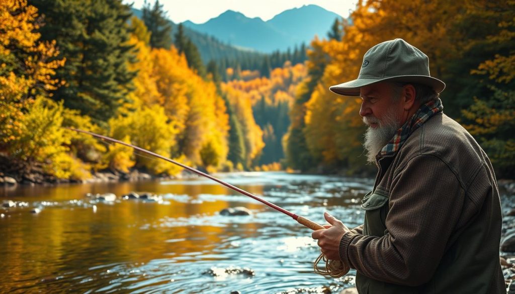 A serene autumn scene in the picturesque Carpathian mountains, where a seasoned angler casts his line into a gently flowing stream. The dense, verdant forest provides a lush backdrop, its vibrant foliage reflecting off the glistening water. Soft, golden sunlight filters through the canopy, illuminating the fisherman's weathered face as he patiently waits for a nibble. In the distance, rugged peaks pierce the horizon, creating a breathtaking panorama. The air is crisp and fresh, evoking the tranquil rhythm of the changing seasons and the timeless pursuit of the perfect catch.