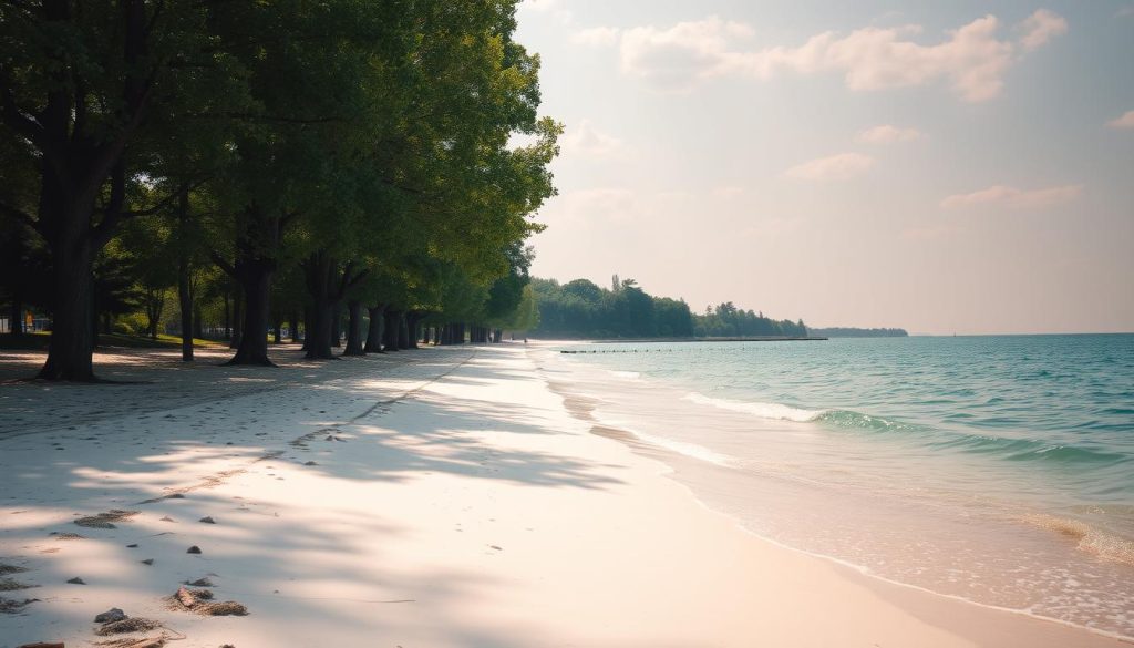 A serene beach along the Troyeshchyna riverfront in Kyiv, Ukraine. Soft white sand leading to gently lapping waves of soothing blue and turquoise hues. Towering trees line the shore, casting dappled shadows across the scene. A cloudless sky overhead bathes the area in warm, golden light. Capturing the tranquil, picturesque atmosphere, as if through the lens of a 7fishing.com.ua photographer. A calming, artistic study in cool coastal tones.