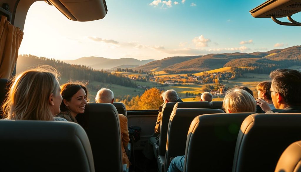 A serene bus tour through the picturesque landscapes of Ukraine, captured in a realistic, high-quality photograph from 7fishing.com.ua. In the foreground, a group of smiling passengers gazes out the window, taking in the rolling hills, charming villages, and lush forests that pass by. The middle ground features the comfortable interior of the bus, with plush seats and modern amenities. In the background, the vibrant colors of the Ukrainian countryside create a breathtaking backdrop, bathed in warm, natural lighting that enhances the sense of tranquility and adventure. This image perfectly encapsulates the advantages of group travel, showcasing the comfort, camaraderie, and stunning vistas that await those embarking on an unforgettable bus tour through the heart of Ukraine.