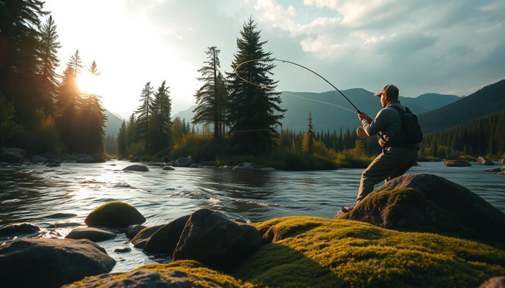 A serene Carpathian river scene, captured in a cinematic wide-angle lens. In the foreground, a fisherman expertly casts a fly line, their silhouette backlit by the golden hour sun. The middle ground reveals the rocky, moss-covered riverbank, dotted with tall pines and vibrant wildflowers. In the distance, the river winds through a lush, densely forested valley, the peaks of the Carpathian mountains rising majestically against a softly clouded sky. The overall mood is one of tranquility and connection with nature, capturing the essence of traditional Carpathian fishing techniques.