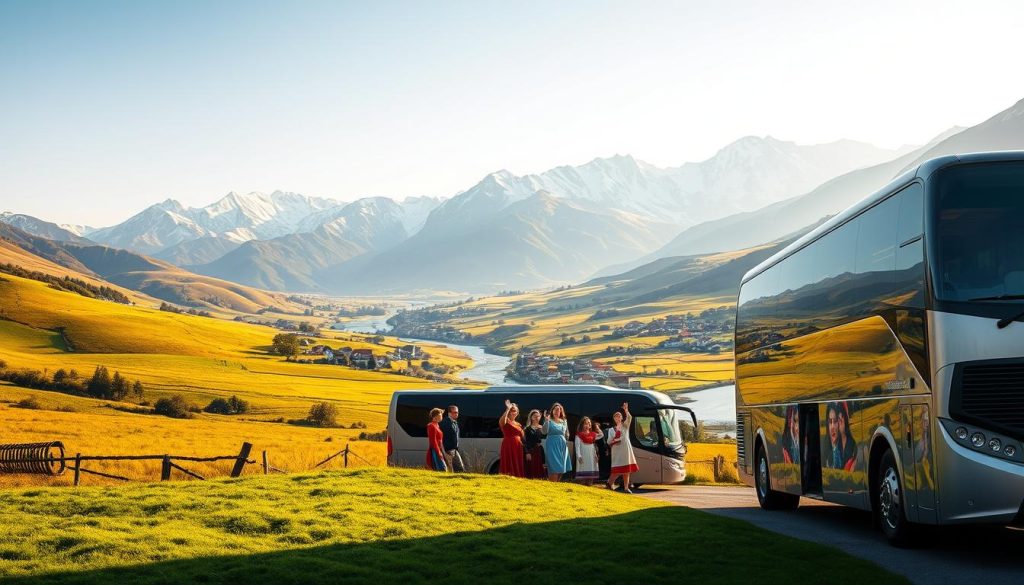 A serene countryside landscape with rolling hills, verdant meadows, and a winding river snaking through the frame. In the foreground, a modern, comfortable-looking coach bus sits, its sleek exterior gleaming in the warm afternoon sun. Passengers disembark, their faces alight with excitement as they take in the picturesque surroundings. The middle ground features a group of locals in traditional Albanian attire, waving and beckoning the travelers to explore their charming town. In the background, towering snow-capped peaks rise majestically, creating a breathtaking backdrop. The scene is bathed in a soft, golden light, conveying a sense of tranquility and adventure. Realistic photo quality, 7fishing.com.ua.