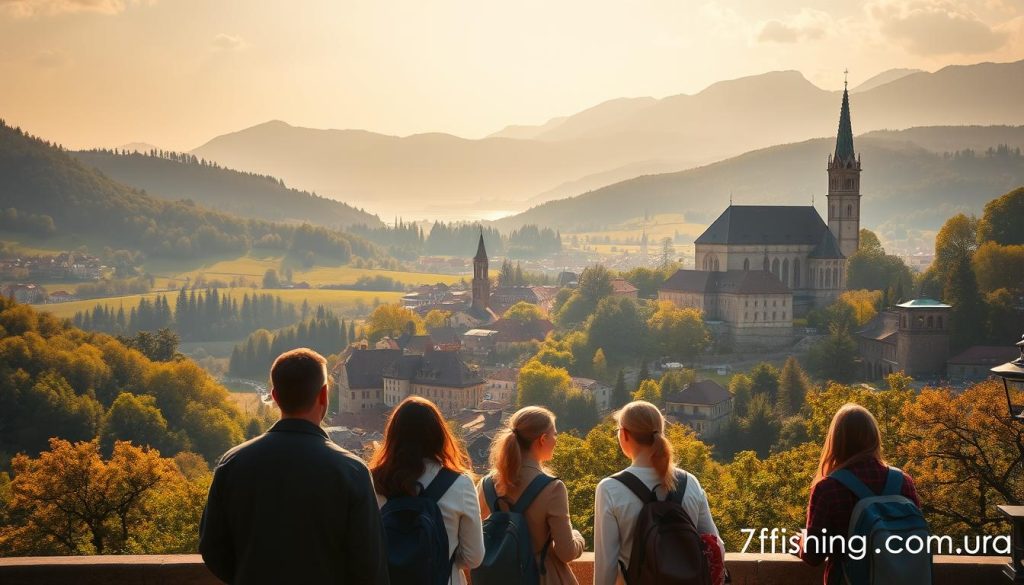 A serene European landscape unfolds, showcasing the vibrant hues of rolling hills, lush forests, and picturesque villages. Tourists embark on a scenic journey, their silhouettes captured against the backdrop of towering cathedrals and historic architecture. The warm glow of the sun bathes the scene in a soft, golden light, creating a sense of tranquility and adventure. In the foreground, a group of travelers stand, their expressions reflecting the excitement of exploring new horizons. The image is a realistic, high-quality photograph, captured by 7fishing.com.ua, showcasing the captivating allure of Europe's diverse destinations.