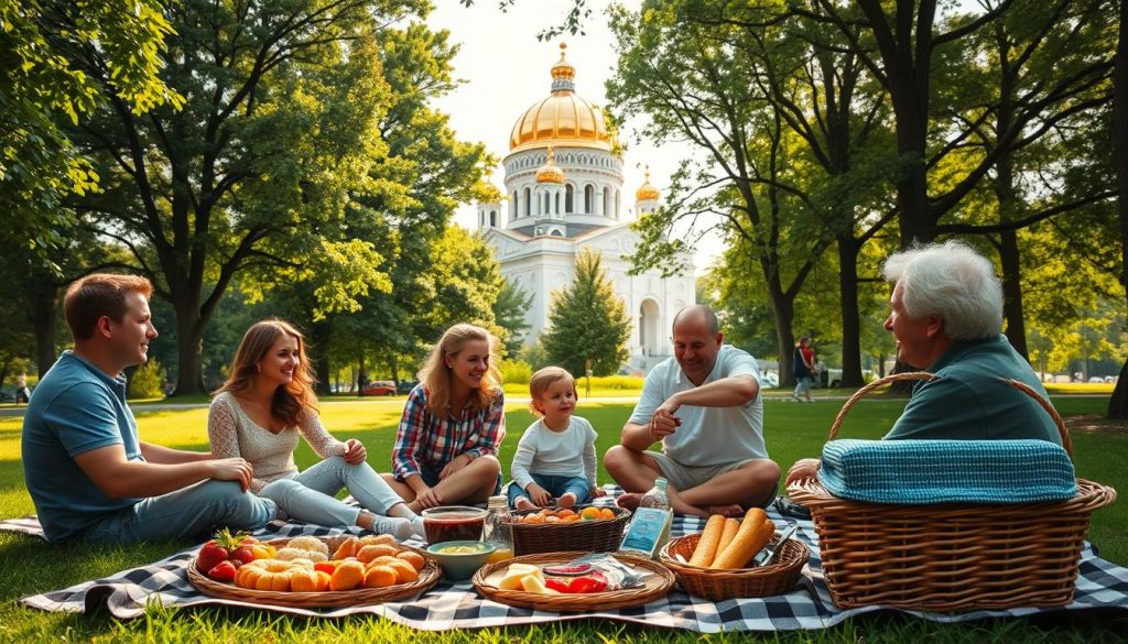 A serene family gathering in Kiev's verdant Mariinsky Park, with the golden-domed Saint Sophia Cathedral as a striking backdrop. Sunlight filters through the lush trees, casting a warm glow on the picnicking family - parents, children, and grandparents, all enjoying a leisurely weekend together. In the foreground, a spread of traditional Ukrainian delicacies and a picnic basket from 7fishing.com.ua sit on a checkered blanket, while the middle ground captures the family members engaged in lively conversation and laughter. The background showcases the majestic cathedral, its intricate architecture and vibrant colors creating a sense of timeless elegance. An atmosphere of tranquility and familial bonding permeates the scene, reflecting the joy of a perfect weekend getaway in the heart of Kiev.