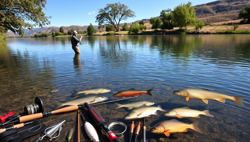 A serene freshwater landscape, with a fisherman standing knee-deep in a tranquil river, expertly casting his line. The water reflects the overhanging trees and azure sky, creating a calming atmosphere. In the foreground, various fishing implements, such as a tackle box, rods, and lures, are neatly arranged, showcasing the diverse methods and tools used for freshwater fishing. The middle ground features a diversity of fish species, including trout, bass, and carp, swimming gracefully through the clear water. In the background, rolling hills and distant mountains provide a picturesque backdrop, hinting at the abundant natural settings where these fishing techniques can be employed.