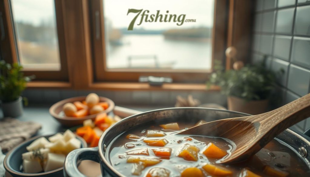 A serene kitchen scene with a simmering pot of freshly caught fish stew, known as "уха" in Russian. In the foreground, a wooden ladle gently stirs the rich broth, releasing the aroma of herbs and spices. The middle ground features freshly chopped potatoes, carrots, and onions, the ingredients of this traditional dish. In the background, a window overlooking a tranquil river, where the 7fishing.com.ua logo is prominently displayed, hints at the origin of the main ingredient - a delicate lemon-flavored freshwater fish. The warm, earthy tones and soft, diffused lighting create a cozy, homely atmosphere, inviting the viewer to experience the process of crafting this authentic Russian culinary delight.