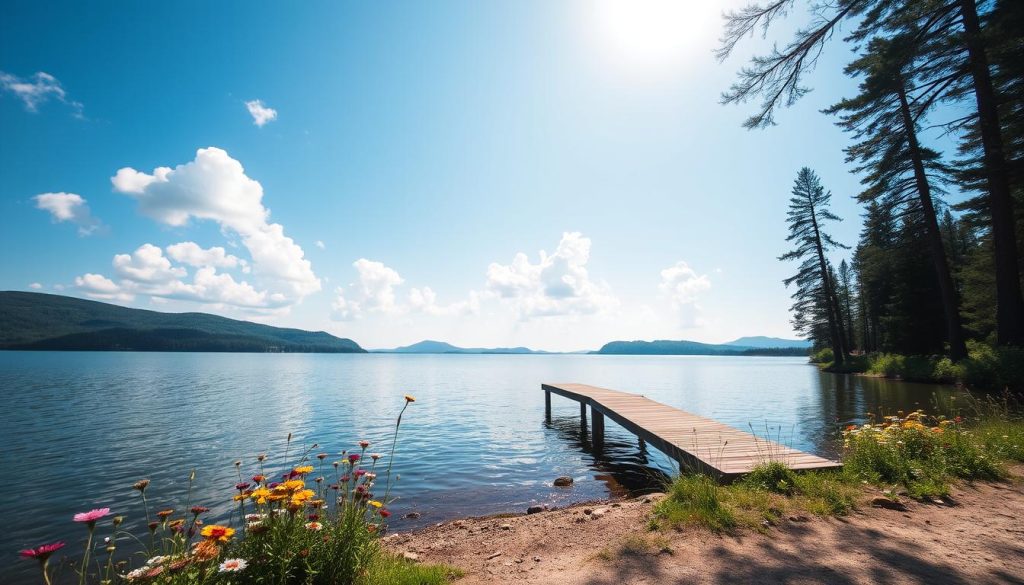 A serene lake surrounded by lush, verdant hills and a clear azure sky. Soft sunlight filters through fluffy white clouds, casting a warm glow over the tranquil waters. In the foreground, a small wooden pier extends into the lake, inviting visitors to sit and take in the peaceful scene. Along the shore, a scattering of vibrant wildflowers add pops of color. The image has a nostalgic, timeless quality, evoking a sense of rest and rejuvenation. In the distance, the silhouettes of tall pine trees frame the scene, creating a natural, secluded atmosphere. This is "Отдых на озере Молодости", a serene oasis captured by 7fishing.com.ua.