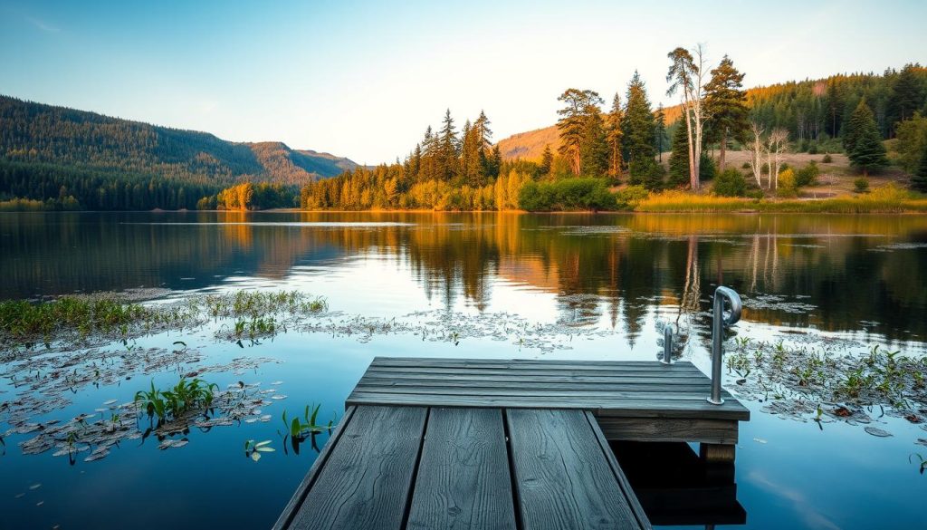 A serene lakeside landscape in the heart of Ukraine, where tranquil waters reflect the surrounding lush forests and rolling hills. In the foreground, a picturesque wooden dock extends into the calm, mirror-like surface, inviting fishermen to cast their lines and seek out the elusive trophy catches. The middle ground features a variety of aquatic vegetation, creating a haven for diverse freshwater species. The background is dominated by a gently sloping shoreline, dotted with towering pines and birch trees, bathed in the warm, golden light of a late afternoon sun. The scene exudes a sense of peaceful solitude, perfect for the avid angler in search of the ultimate fishing destination.
