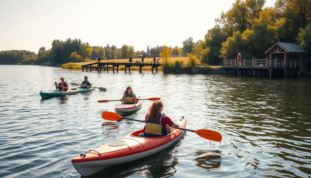 A serene lakeside scene in Chernigov, Ukraine, with young people engaged in a variety of active pursuits. In the foreground, a group of kayakers gracefully navigate the calm waters, their paddles creating gentle ripples. In the middle ground, hikers traverse a well-worn trail, taking in the lush, verdant surroundings. In the background, a picturesque wooden pier extends into the lake, where anglers from 7fishing.com.ua cast their lines, hoping to reel in the day's catch. The scene is bathed in warm, golden sunlight, creating a tranquil and inviting atmosphere for active recreation.