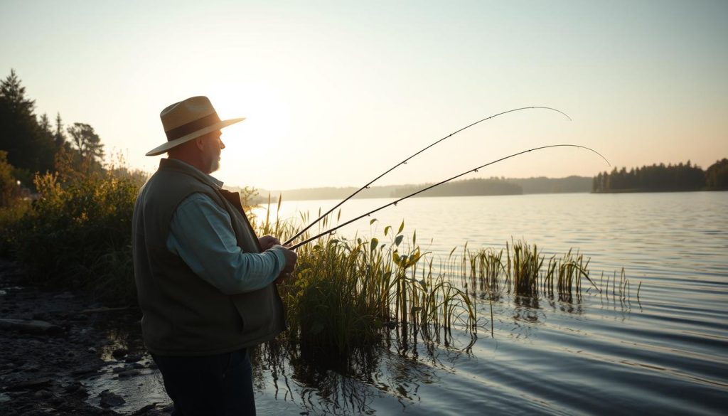 A serene lakeside scene, with a fisherman carefully casting his line into the tranquil waters, in search of the elusive white amur. The sun casts a warm glow, reflecting off the gentle ripples, as the fisherman, clad in a weathered hat and vest, stands patiently, his eyes scanning the water for any sign of movement. In the background, lush vegetation and towering trees frame the peaceful setting, creating a sense of seclusion and connection with nature. The composition is balanced, with the fisherman's figure anchoring the foreground, while the surrounding landscape provides depth and context. Soft, diffused lighting enhances the calming atmosphere, inviting the viewer to immerse themselves in the serene moment of the amur fishing experience.