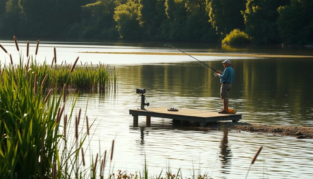 A serene lakeside scene with a small wooden dock extending into the tranquil waters. Tall, lush reeds and cattails line the shore, casting soft shadows across the surface. A gentle breeze ruffles the water, creating a mesmerizing play of light and reflection. In the foreground, a seasoned angler carefully casts his line, patiently waiting for the telltale tug of a lurking lin. The background features a verdant forest, its trees casting a warm, dappled glow over the entire setting. The mood is one of peaceful anticipation, inviting the viewer to imagine the rewarding experience of catching this elusive freshwater fish. Captured with a wide-angle lens, the composition emphasizes the tranquility and natural beauty of the perfect lin fishing spot.