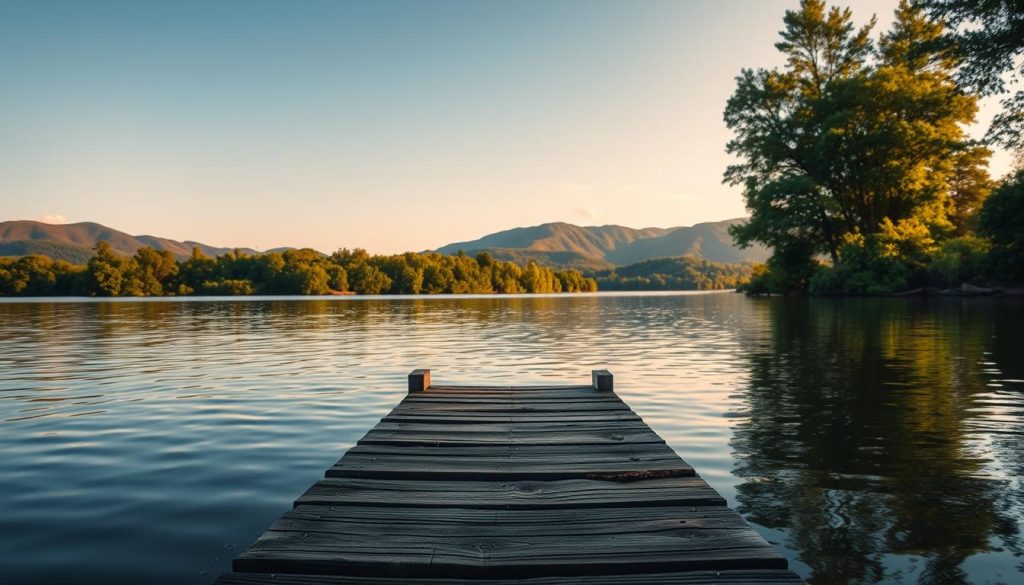 A serene lakeside scene with a small wooden dock jutting out into the still, tranquil waters. The foreground shows the dock's weathered planks and sturdy support beams, inviting the viewer to imagine the perfect spot for an avid angler to cast their line. The middle ground features lush, verdant foliage lining the shoreline, creating a natural, picturesque backdrop. In the distance, rolling hills and a cloudless sky paint a peaceful, idyllic landscape, setting the tone for a relaxing, productive fishing expedition. Warm, soft lighting illuminates the scene, adding to the tranquil, inviting atmosphere.