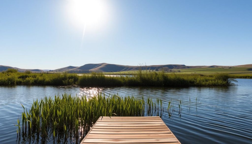 A serene lakeside setting, with the sun's rays gently glimmering on the calm waters. In the foreground, a wooden dock extends into the lake, providing the perfect vantage point for an experienced angler. The middle ground features a lush, verdant shoreline dotted with tall reeds and cattails, hinting at the abundance of fish that may reside in the depths. In the background, rolling hills and a clear, azure sky create a picturesque landscape, setting the stage for a successful and tranquil fishing expedition. The overall scene conveys a sense of natural harmony, inviting the viewer to imagine the perfect spot for a productive and enjoyable day of angling.