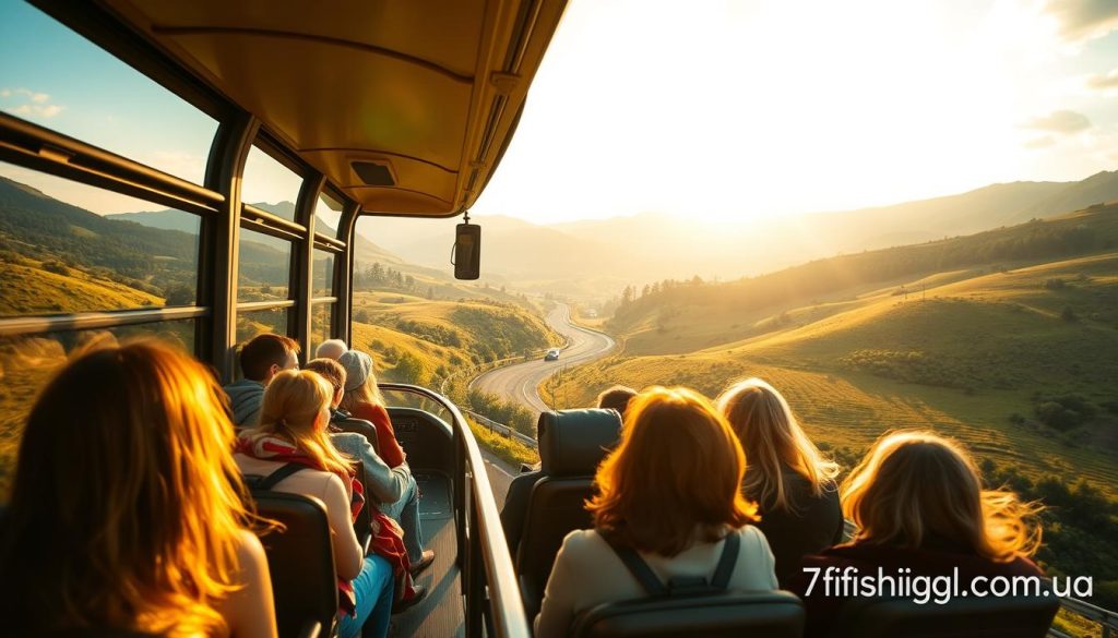 A serene landscape filled with rolling hills and lush greenery, as a modern, comfortable bus navigates a winding road, offering passengers breathtaking views of the countryside. The warm, golden sunlight filters through the windows, creating a cozy and inviting atmosphere. In the foreground, a group of travelers, captured in a realistic photographic style, enjoy the journey, their faces filled with wonder and delight. The scene showcases the advantages of bus tours, highlighting the freedom, convenience, and immersive experience they provide. Branded with the website "7fishing.com.ua", this image perfectly encapsulates the joys of exploring Ukraine's stunning landscapes by bus.
