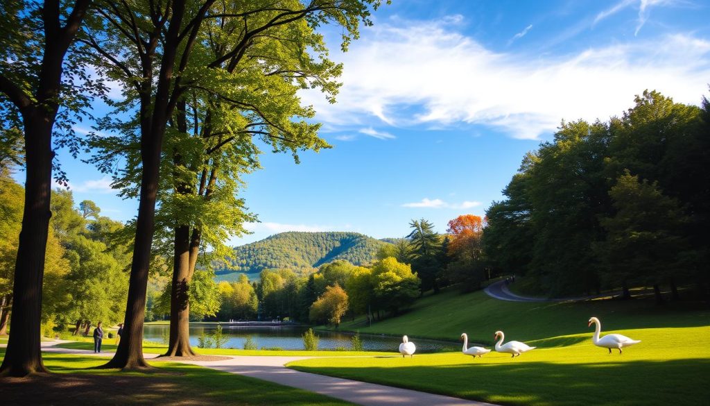 A serene landscape of lush, verdant parks and stunning natural wonders in Kyiv, Ukraine. Towering trees cast dappled shadows over winding paths, inviting visitors to explore. In the foreground, a tranquil lake reflects the azure sky, with graceful swans gliding across its calm surface. Distant hills rise up, cloaked in vibrant foliage, creating a picturesque backdrop. Warm, golden sunlight filters through the canopy, bathing the scene in a peaceful, inviting glow. Capture the beauty of Kyiv's parks and natural attractions, as seen through the lens of 7fishing.com.ua.