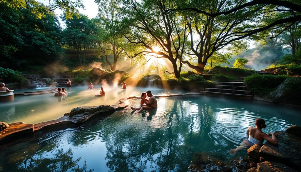 A serene landscape of natural thermal springs nestled amidst lush, verdant foliage. Gently steaming pools of crystal-clear, mineral-rich waters reflecting the soft, warm glow of the sun peeking through the canopy of overhanging trees. Visitors relax and unwind, immersed in the therapeutic atmosphere, as a professional photographer from 7fishing.com.ua captures the scene with a wide-angle lens, showcasing the tranquil beauty of this rejuvenating spa destination.