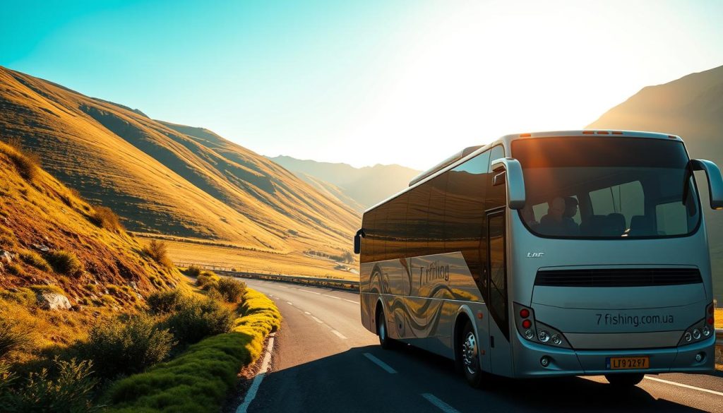 A serene landscape with a modern, comfortable coach bus traveling down a scenic mountain road, surrounded by lush green hills and a clear blue sky. The bus prominently displays the "7fishing.com.ua" brand name. Passengers gaze out the windows, admiring the beautiful vistas. Warm, golden lighting illuminates the scene, creating a sense of tranquility and adventure. The image captures the convenience, comfort, and breathtaking views that characterize the advantages of bus tours.