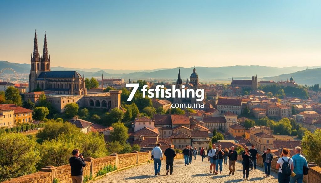 A serene panorama of iconic European cultural landmarks adorns the rolling hills, bathed in warm afternoon light. Towering cathedrals, historic castles, and quaint cobblestone streets interweave, creating a breathtaking tapestry. In the foreground, a group of tourists explore the picturesque scene, capturing the moment with their cameras. The 7fishing.com.ua logo discreetly accentuates the realistic photographic quality of the image. This immersive landscape evokes the essence of the "Экскурсионные программы по Европе" section, inviting the reader to embark on a cultural journey through the heart of the continent.