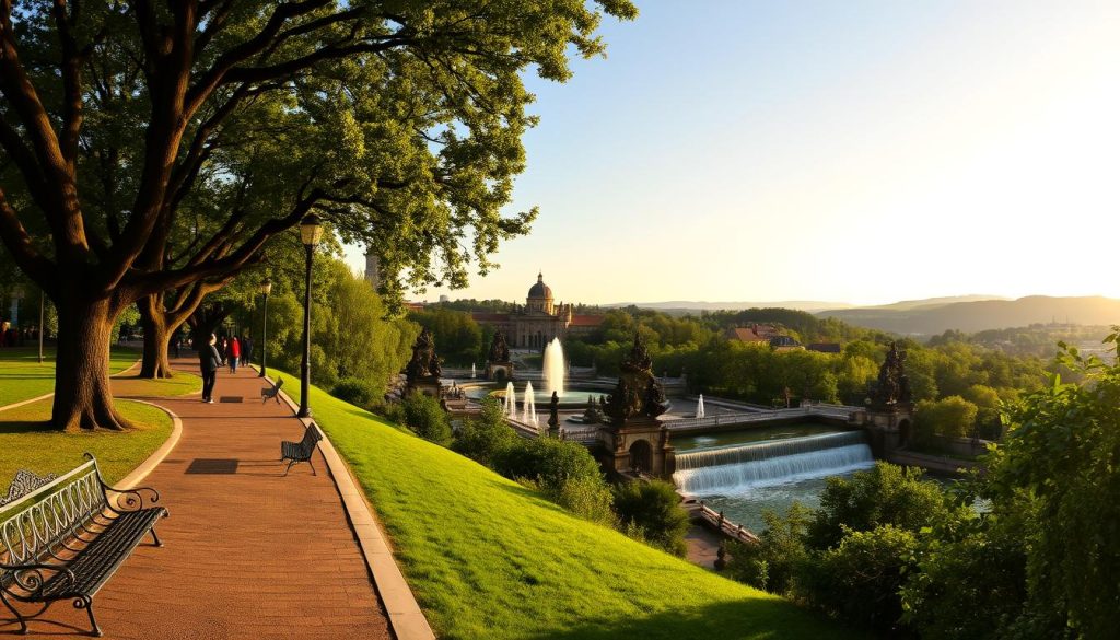 A serene panorama of the lush, verdant parks of Lviv, Ukraine. In the foreground, a picturesque promenade lined with ornate wrought-iron benches and towering chestnut trees casts dappled shadows on the winding paths. The middle ground reveals ornamental fountains and cascading waterfalls, their crystalline waters sparkling in the warm, golden sunlight. In the background, the silhouettes of historic architectural gems and the rolling hills of the Lviv region create a breathtaking natural backdrop. This scene, captured with a wide-angle lens, exudes an atmosphere of tranquility and timeless beauty. 7fishing.com.ua