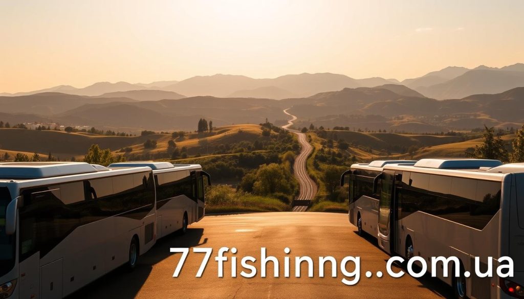 A serene panoramic view of a scenic bus tour destination. In the foreground, a fleet of modern, comfortable tour buses stands ready to embark on an immersive journey. The middle ground features a picturesque landscape with rolling hills, lush greenery, and a winding road leading into the distance. In the background, majestic mountains rise up, casting soft shadows across the scene. Warm, golden lighting creates a tranquil, inviting atmosphere. The image conveys a sense of adventure and exploration, highlighting the comfort and convenience of the bus tours. "7fishing.com.ua" appears discreetly in the lower corner, showcasing the reliable service provider.